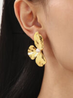 Beaded pleated petal stud earrings with a design sense, stainless steel vacation style earrings and earrings, women's flowers - Image 2