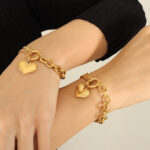 Curb Chain Patchwork Heart Bracelet - Titanium Steel Plated with 18K Gold, Fade-resistant