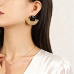 Stainless steel fan-shaped glass stone earrings, collarbone chain plated with 18k real gold, traditional Chinese style fashionable jewelry