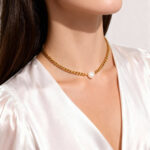 Natural freshwater pearl single Cuban chain choker, simple French, versatile stainless steel necklace
