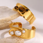 Stainless steel hollowed-out pearl bracelet, high version natural stone open bracelet - Image 2