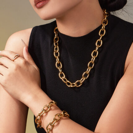 Heavy-duty thickened stainless steel Cuban chain, bracelet and collarbone chain plated with 18k real gold