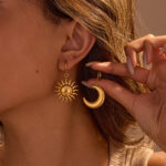 French retro titanium steel earrings with a high-end feel, 18k gold stainless steel geometric moon and sun earrings