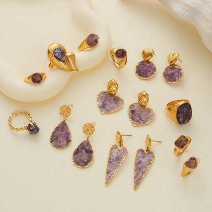 Stainless Steel Amethyst Chip Natural Stone Heart Earrings & Ring Set, Women Niche Jewelry