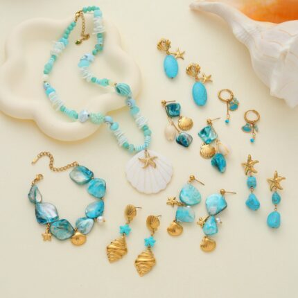 Stainless Steel Ocean Vacation Style Shell & Turquoise Jewelry Set for Women, Niche Designer-style Accessories