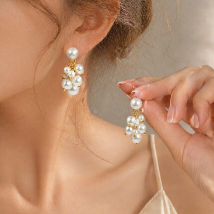 Stainless Steel French Grape Cluster Pearl Tassel Earrings, Niche Light Luxury High-grade Ear Jewelry for Women