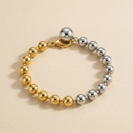 Gold Silver Two-tone Beaded Bracelet | Stainless Steel Polished Beads, Lobster Clasp, Minimalist Color Block Design