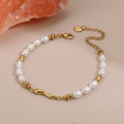 Twisted Metal Tube & Baroque Pearl Bracelet | Stainless Steel with Extender Chain, Adjustable Commute Jewelry