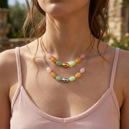 Pink Green Yellow Natural Jade Beaded Necklace, Boho Vacation Jewelry