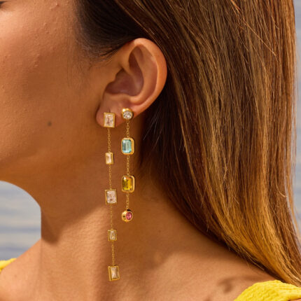 Square Candy Colored Zircon Asymmetrical Long Earrings, Light Luxury Style