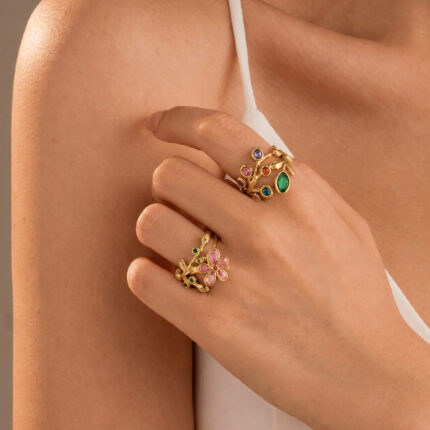 Colored Zircon Flower Branch Adjustable Ring, Forest Retro Style