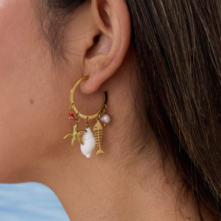 Stainless Steel C Hoop Earrings | Seaside Vacation Earrings with Fish Bone, Shell, Starfish, Red Coral & Pearl Charms