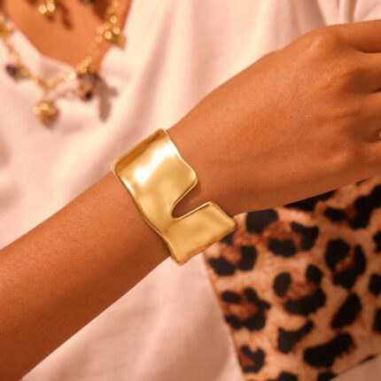 Matte Gold Open Bangle | Stainless Steel Irregular Wavy Wide Bracelet, Geometric Minimalist Style
