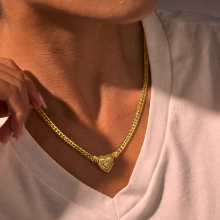 Wide Cuban Link Necklace | Stainless Steel Retro Radiant Heart with Rhinestones, Light Luxury Commute Style