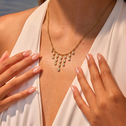 Gold Stainless Steel Layered Necklace | Thin Chain with Scattered Zircon, Round Rhinestone Tassels, Sparkling Clavicle Chain