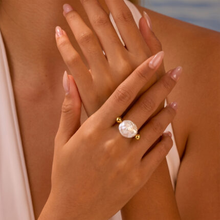 Adjustable Retro Open Ring | Stainless Steel, Dual Bead Holders & Large Baroque Pearl