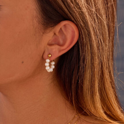 Mini Gold Bead Pearl Stud Earrings | Stainless Steel Curved Short Dangle Earrings, Elegant Commute Style